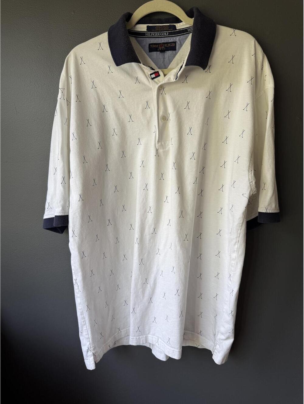 Tommy Hilfiger Golf Men's XL White Short Sleeve Polo Shirt Navy Trim X Pattern